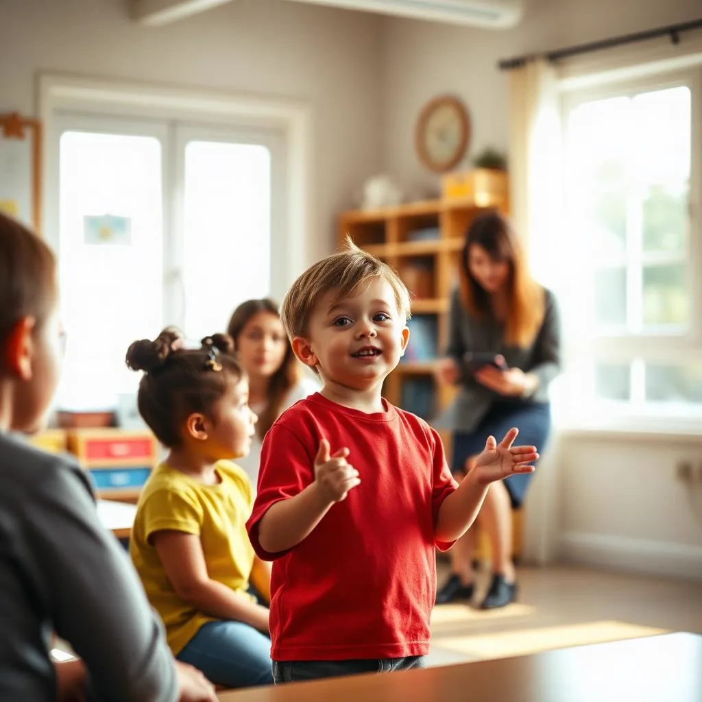 Young student presenting to classmates while a mentor observes